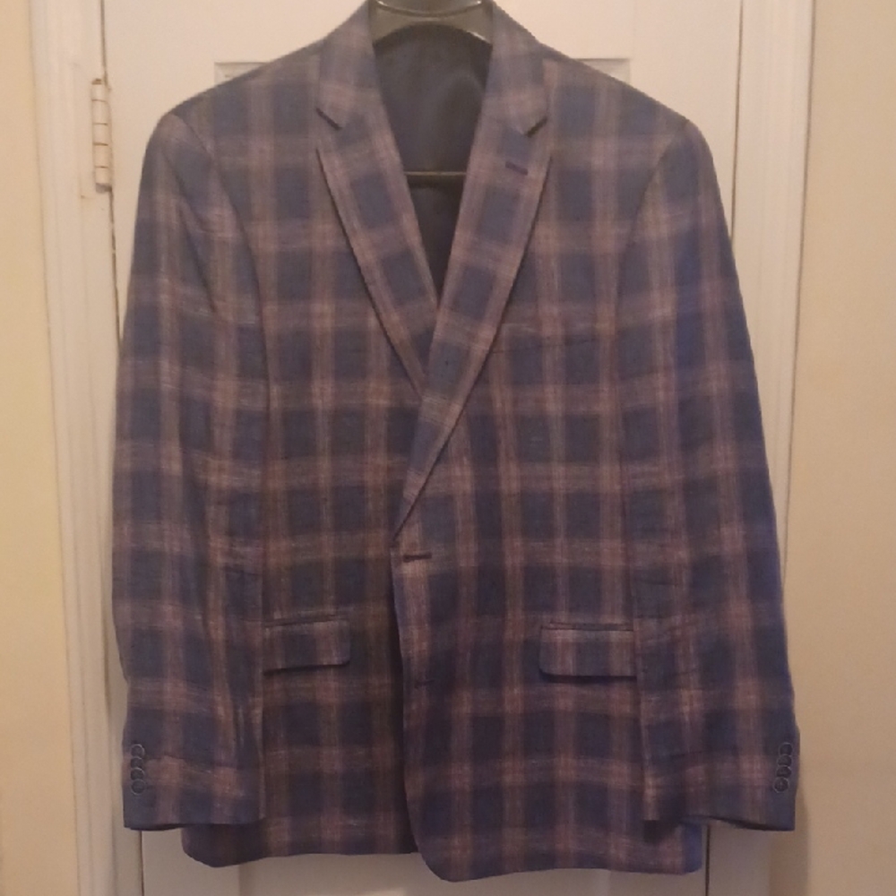 Men's Tommy Hilfiger Linen Blue Plaid Blazer & matching Vest (48R  & XL vest)